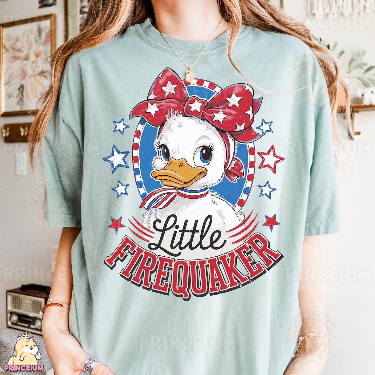 a woman wearing a t - shirt that says little firequakers