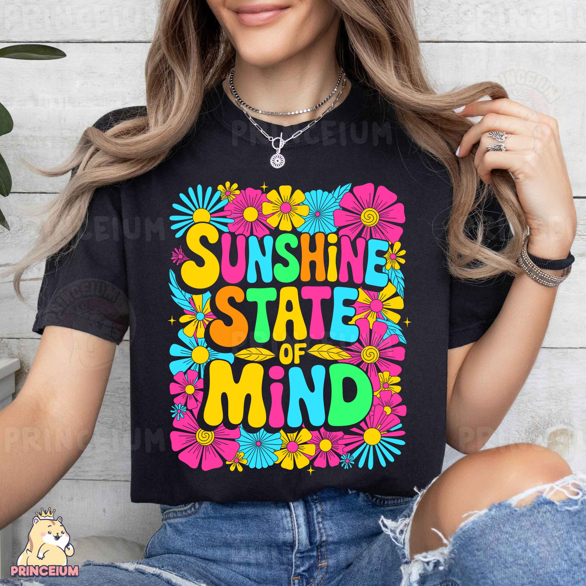 a woman wearing a black shirt that says sunshine state of mind