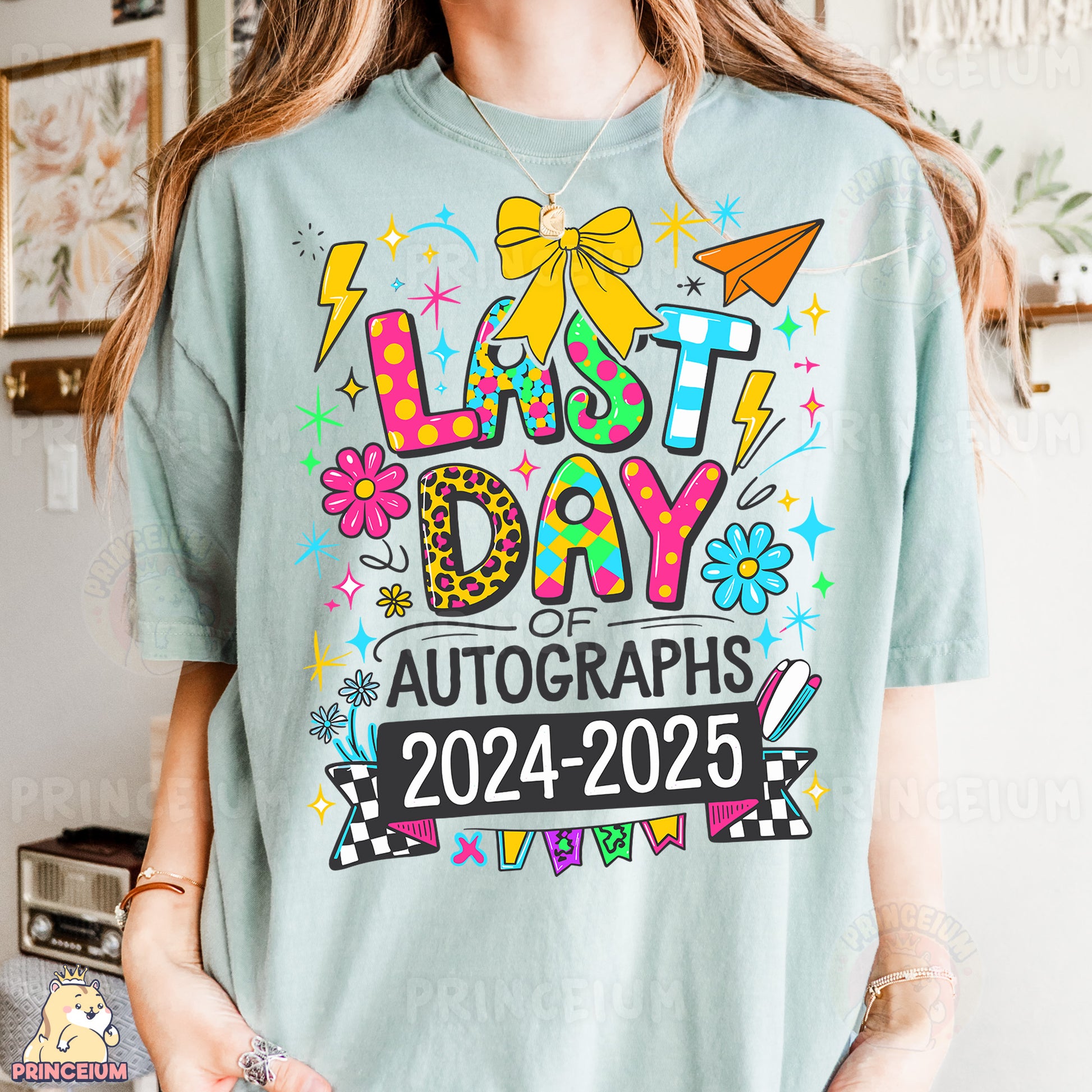 a woman wearing a t - shirt that says last day autographs