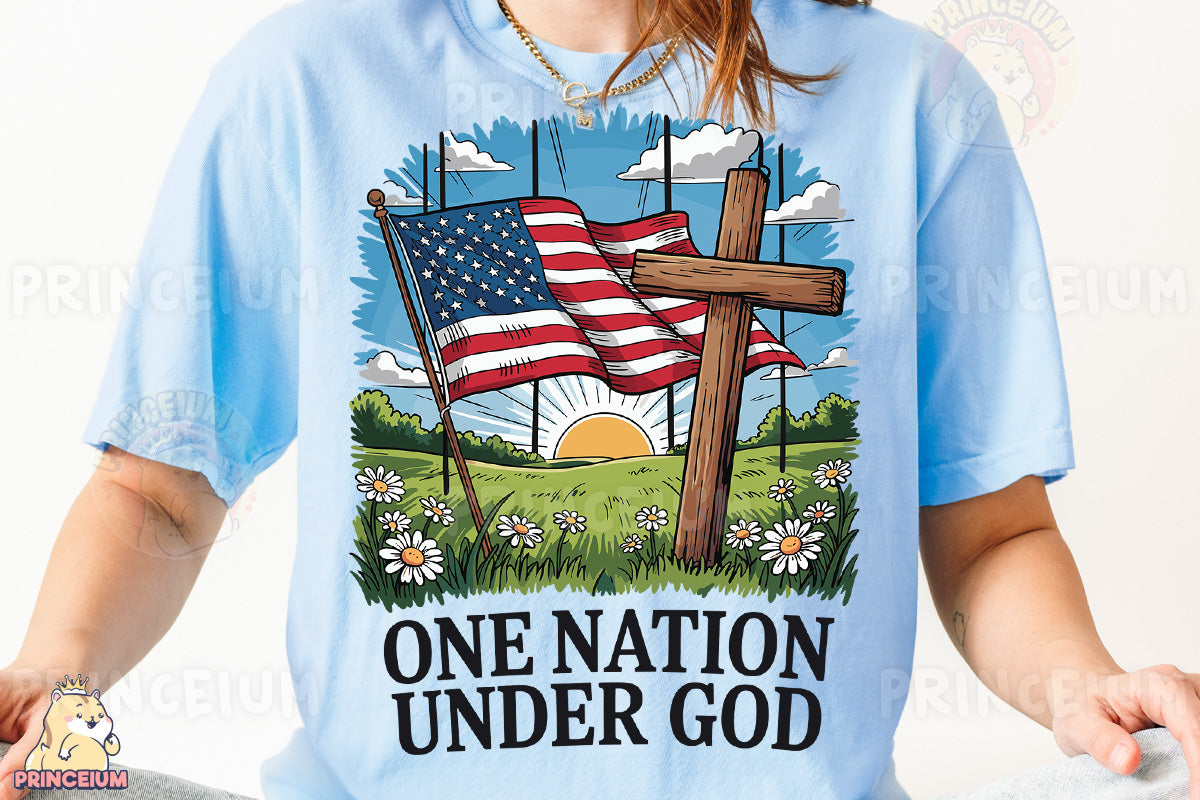 a woman wearing a t - shirt with a cross and an american flag on it