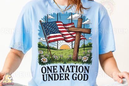 a woman wearing a t - shirt with a cross and an american flag on it