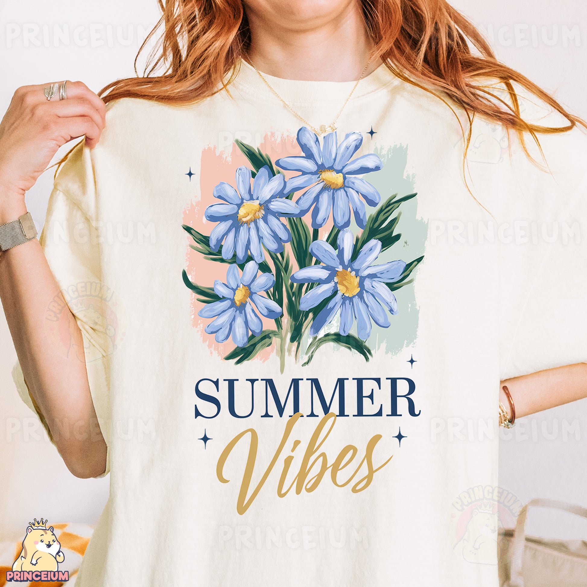 a woman wearing a t - shirt that says summer vibes