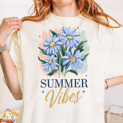 a woman wearing a t - shirt that says summer vibes