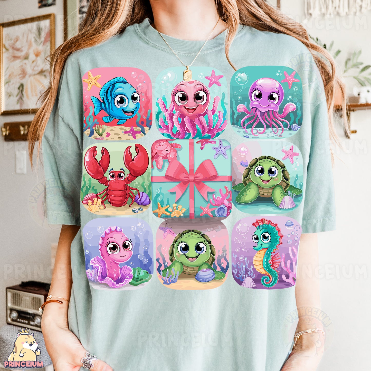 a woman wearing a t - shirt with a picture of sea animals on it