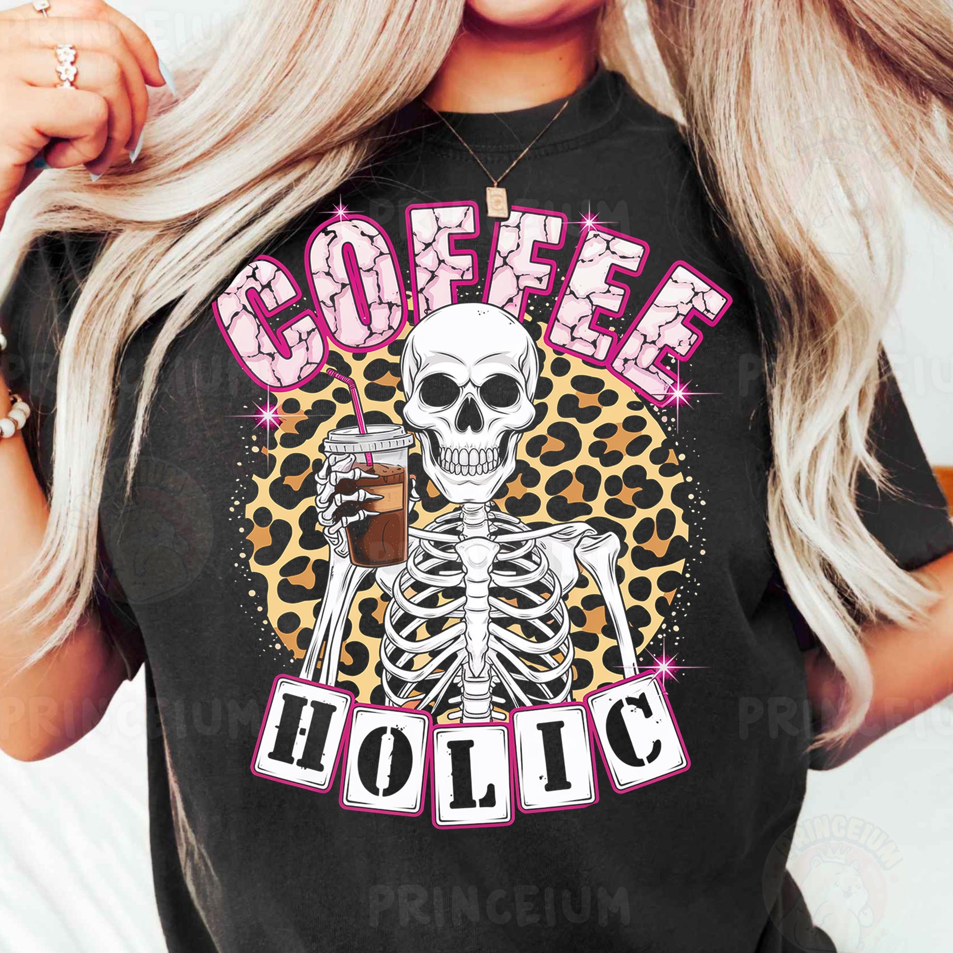 a woman wearing a coffee holic t - shirt