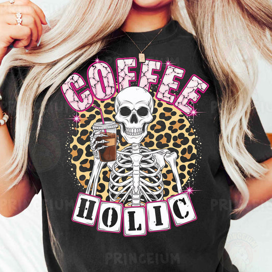 a woman wearing a coffee holic t - shirt