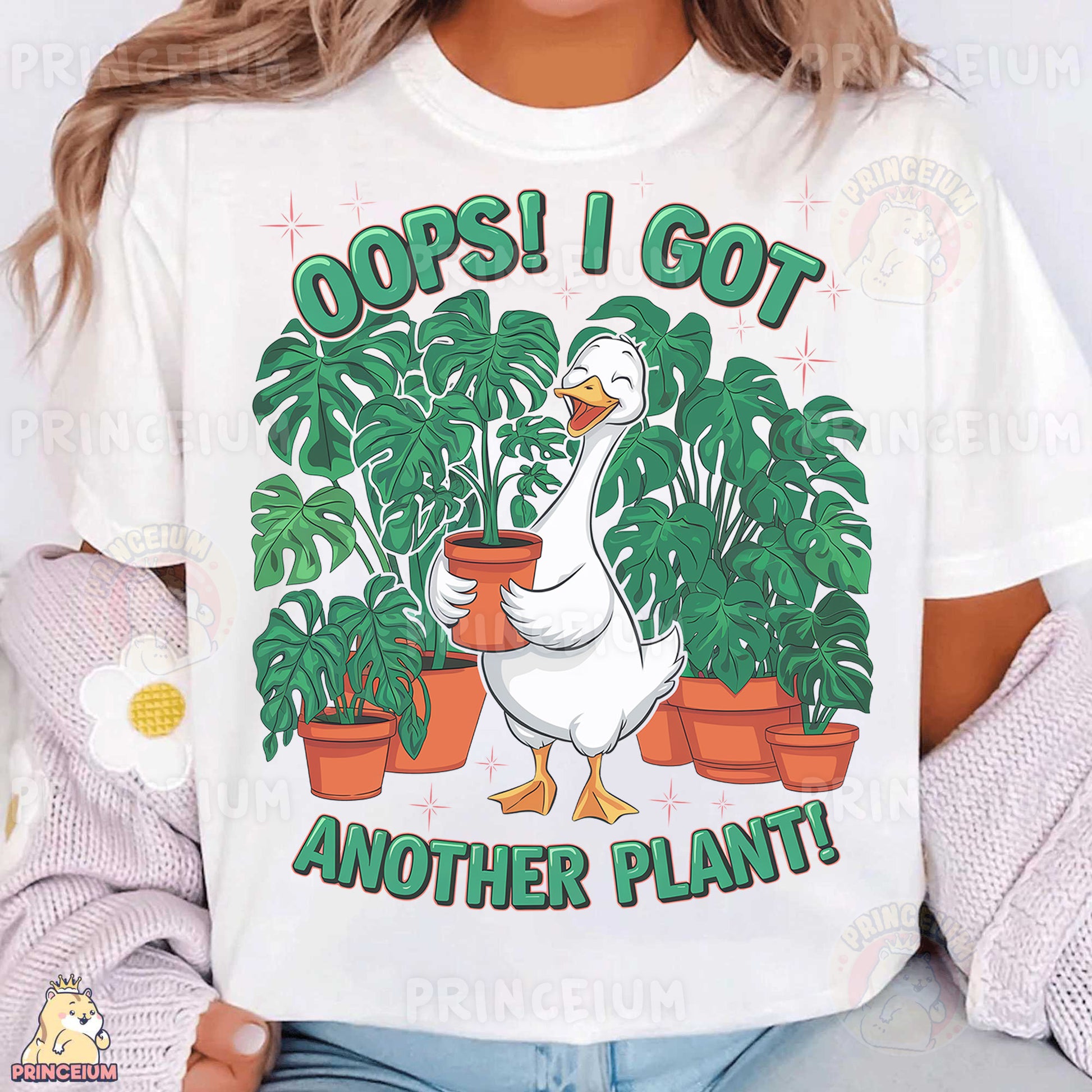 a woman wearing a white t - shirt with a goose on it