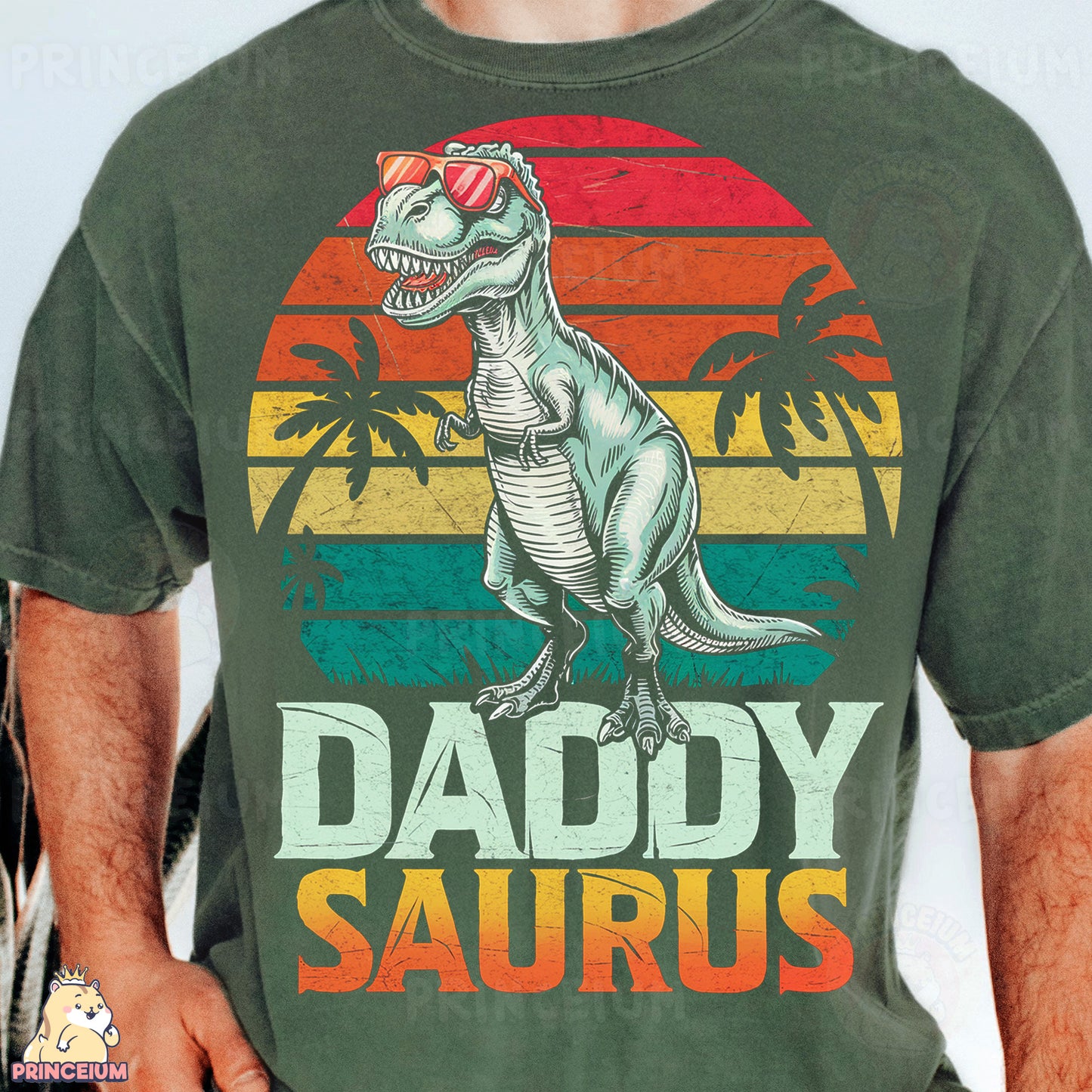 a man wearing a green shirt with a dinosaur on it