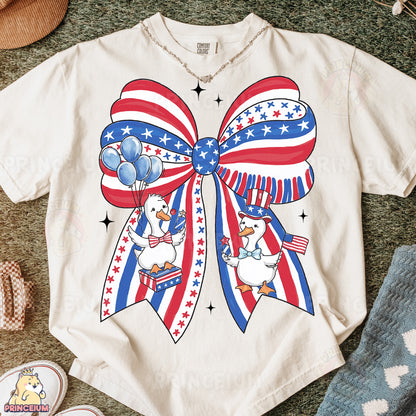 a t - shirt with an american flag bow on it