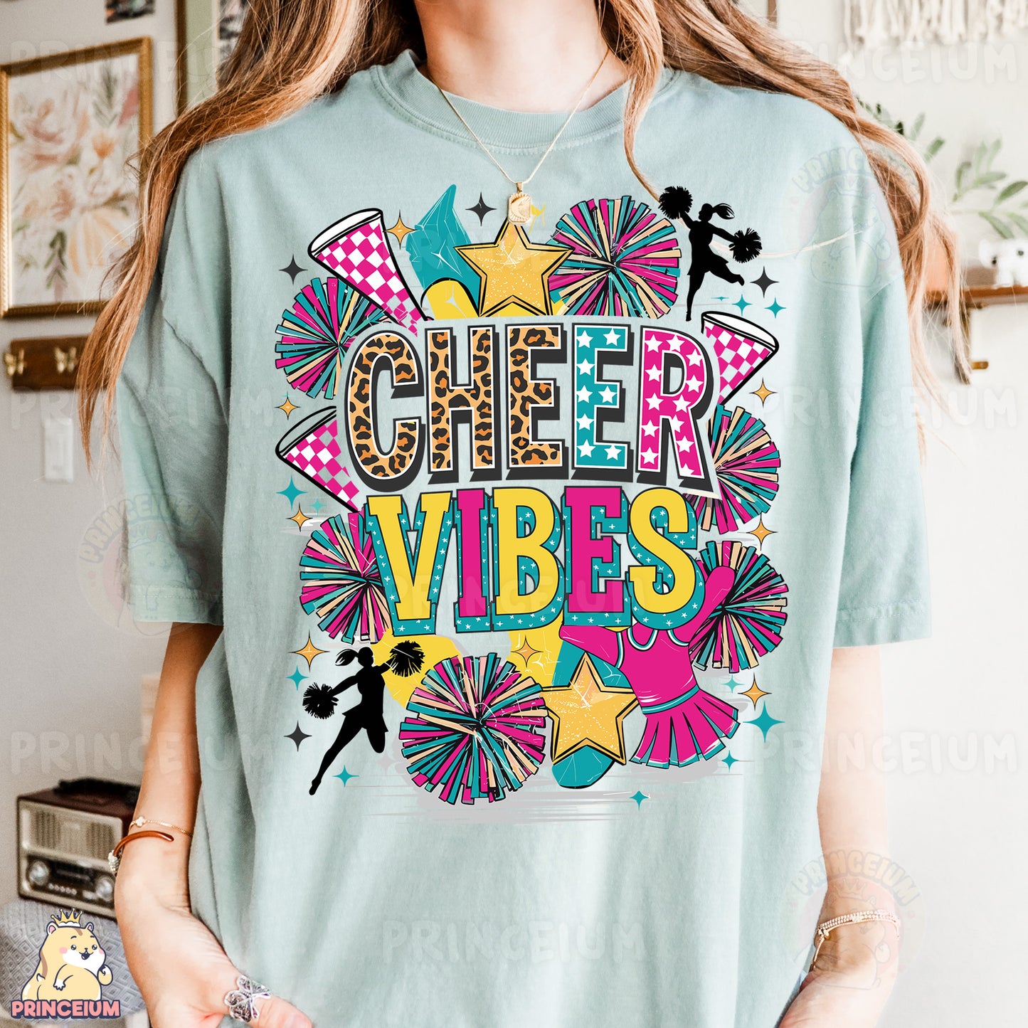 a woman wearing a t - shirt that says cheer vibes