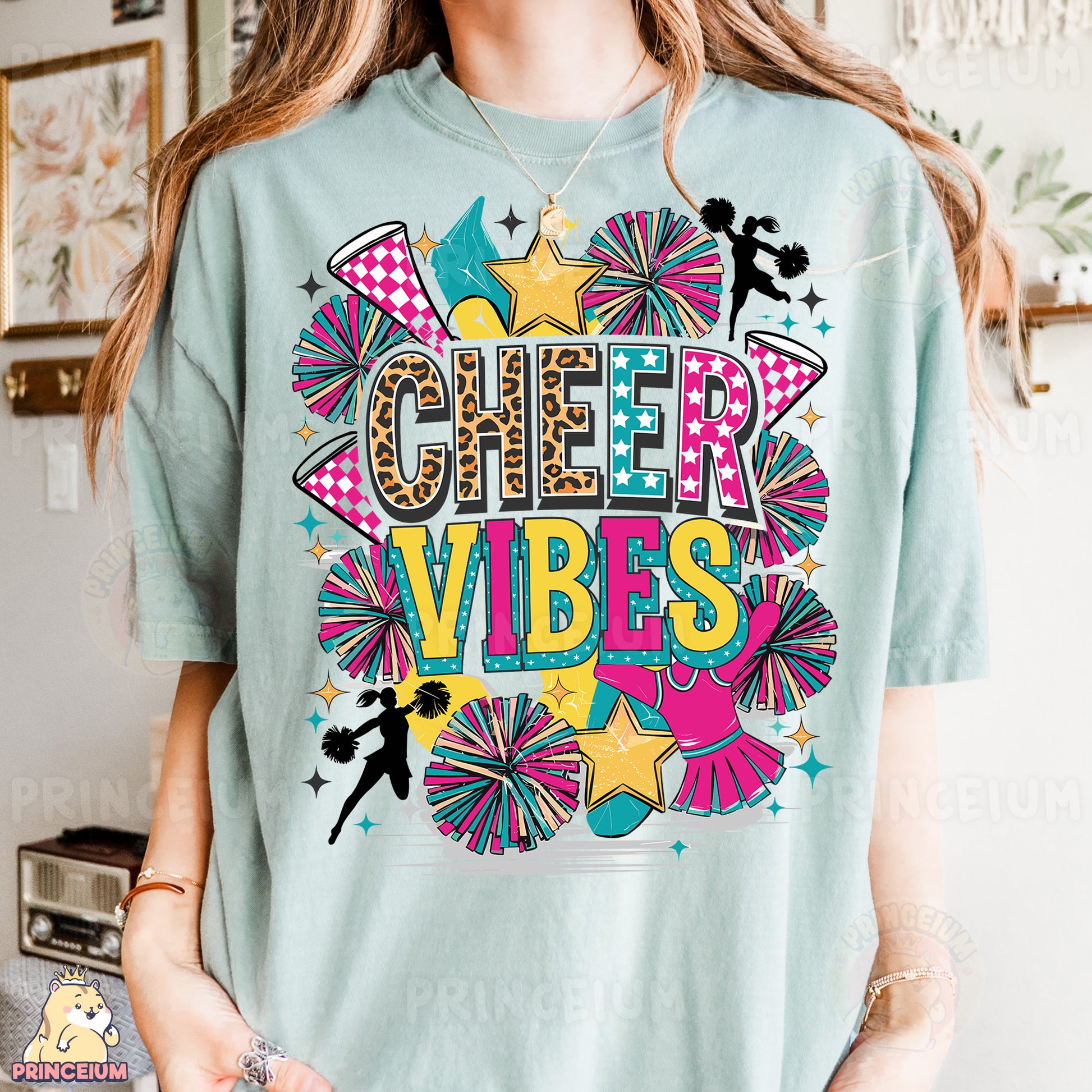a woman wearing a t - shirt that says cheer vibes