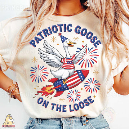a woman wearing a patriotic goose on the loose t - shirt