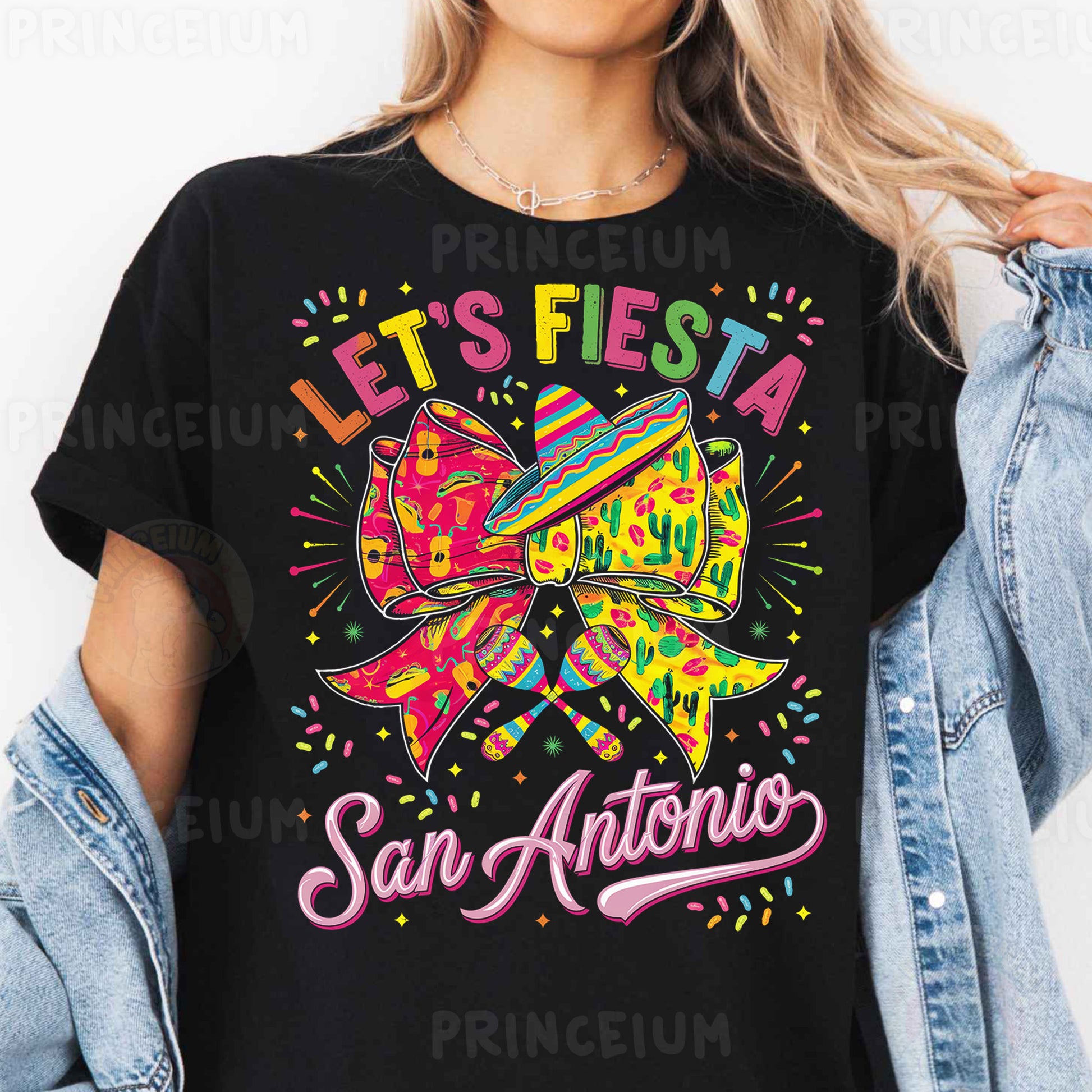 a woman wearing a black tshirt that says let's fiesta san antonio