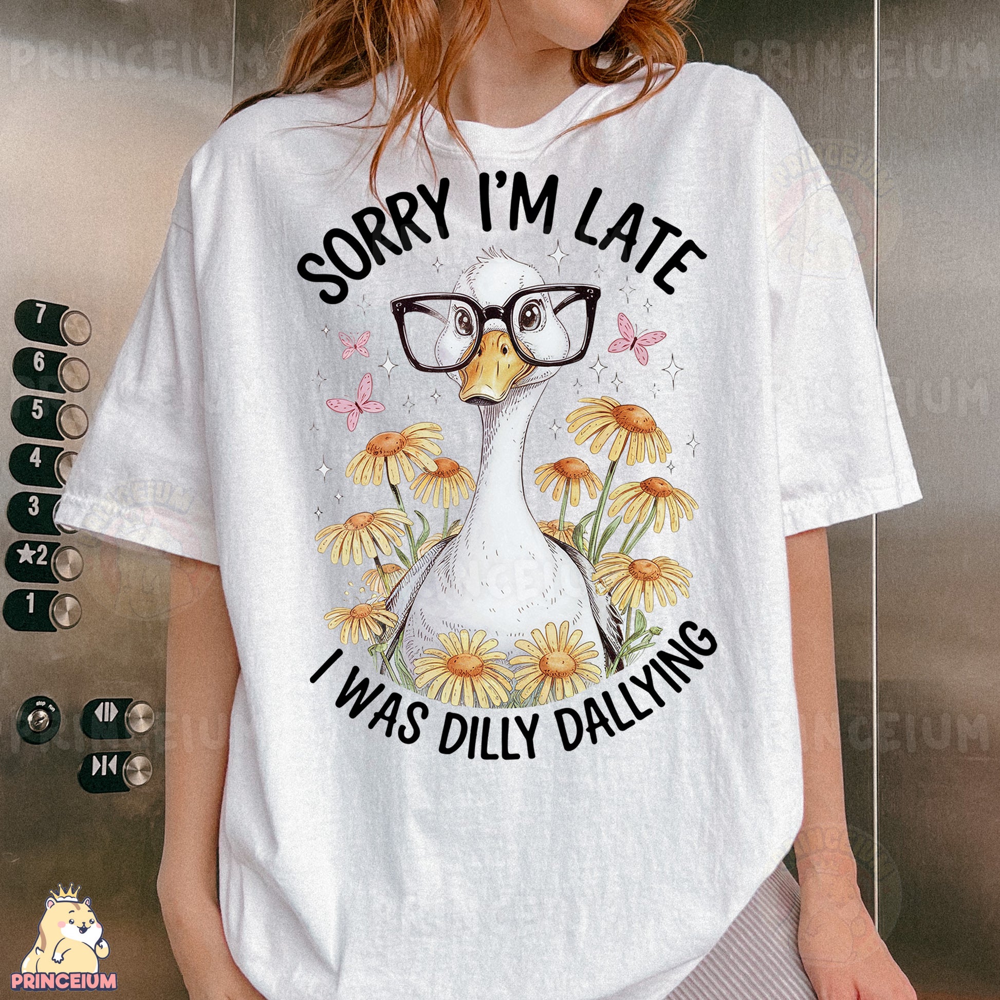 a woman wearing a white shirt with a duck wearing glasses