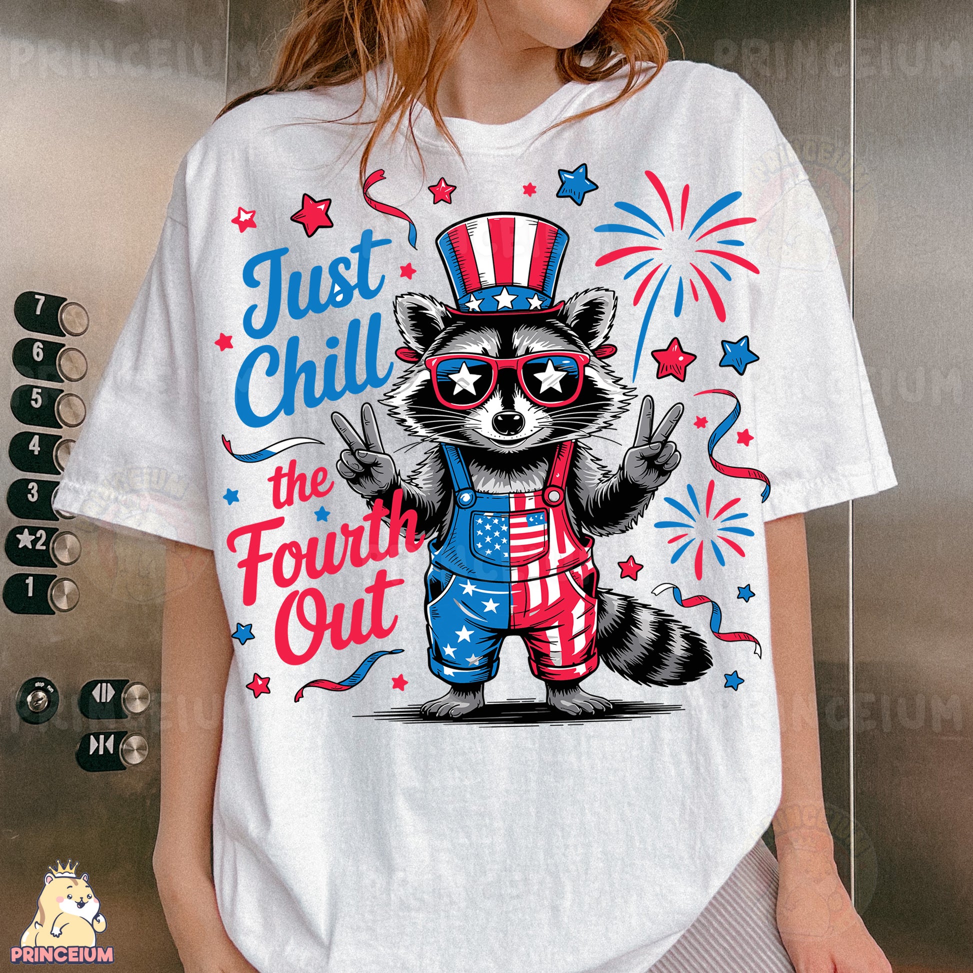 a woman wearing a t - shirt with a raccoon on it
