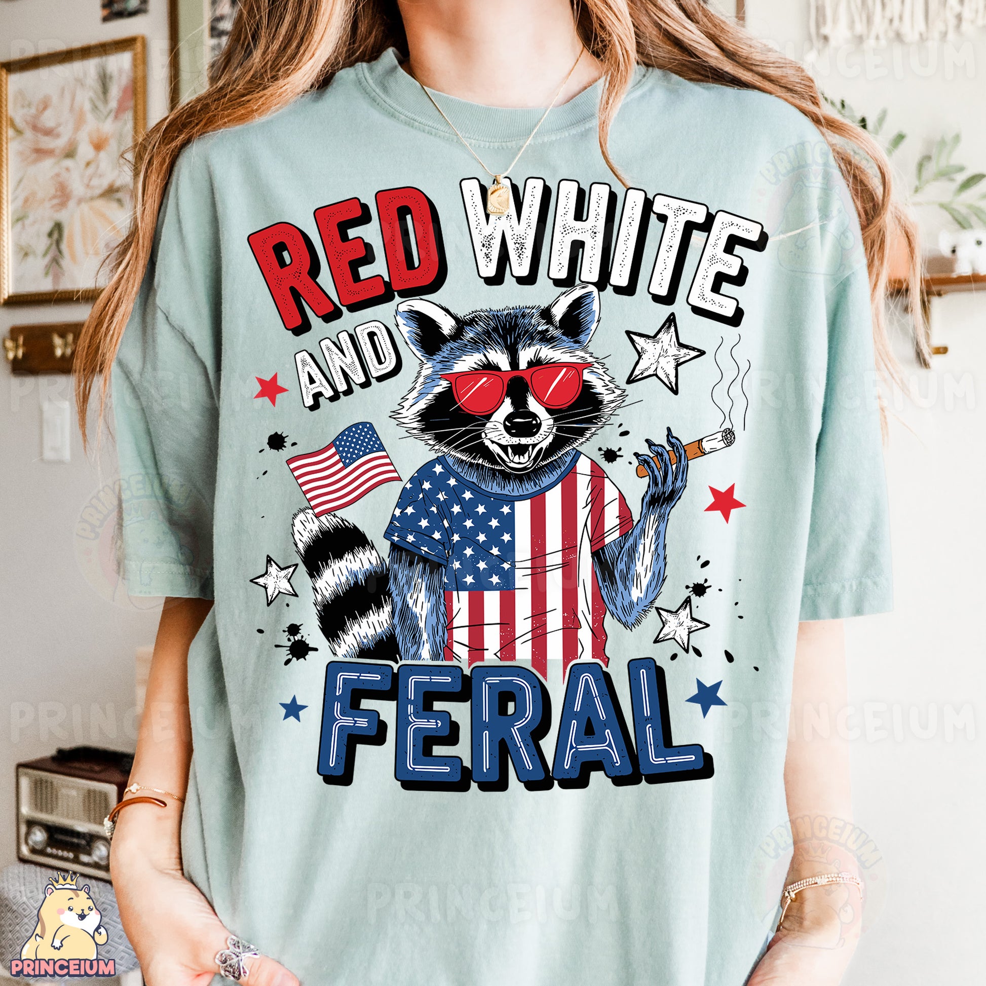 a woman wearing a red, white and blue shirt