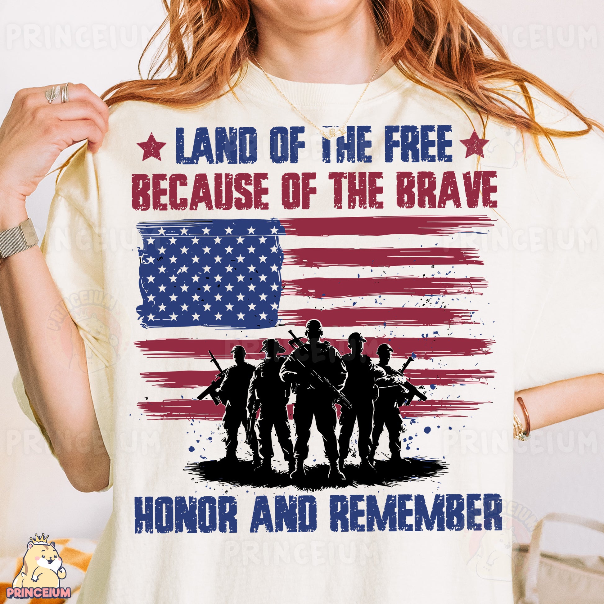 a woman wearing a t - shirt with a picture of soldiers on it