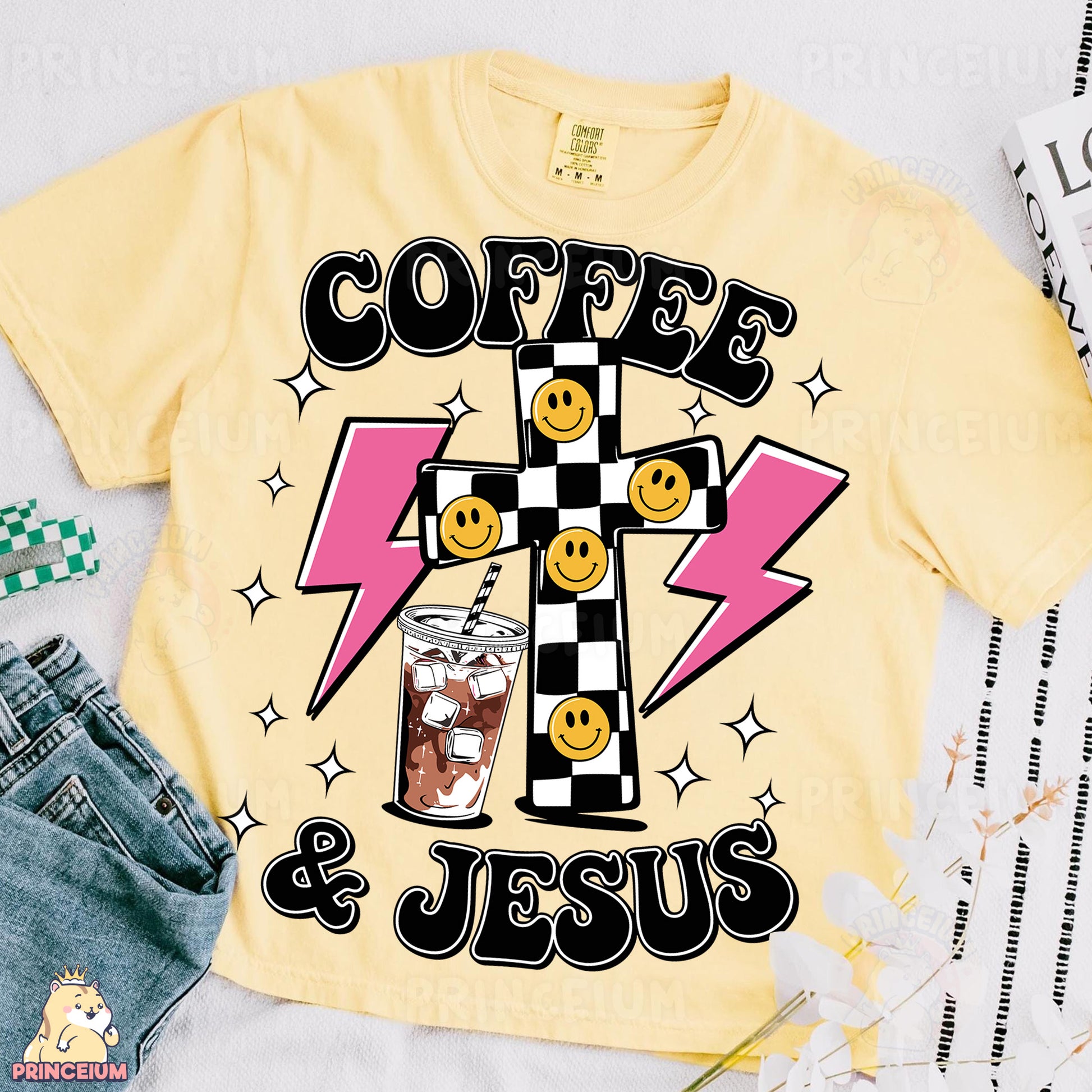 a t - shirt that says coffee and jesus on it