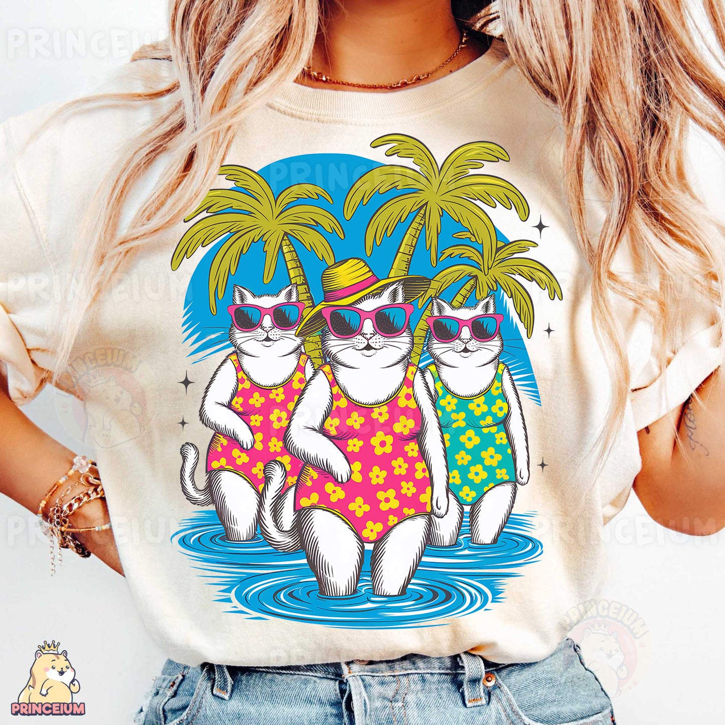 a woman wearing a t - shirt with two cats on it