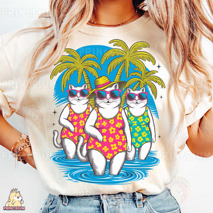 a woman wearing a t - shirt with two cats on it