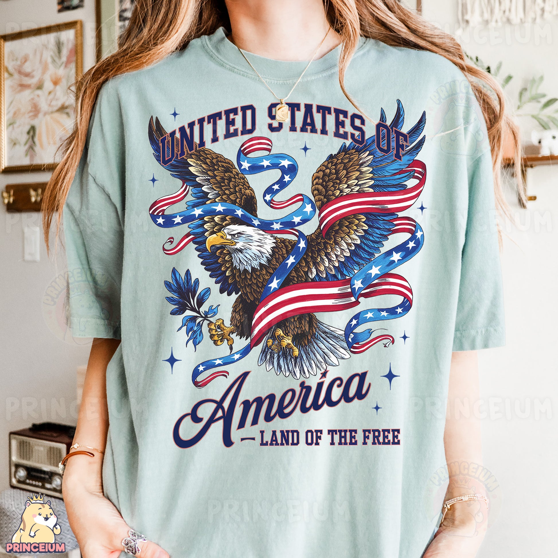 a woman wearing a united states of america t - shirt