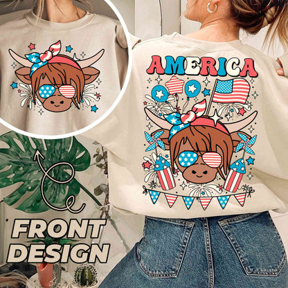 Western America Highland Cow Png, America Png, 4th of July Png, American Flag Png, Highland Cow Freedom Sublimation Design