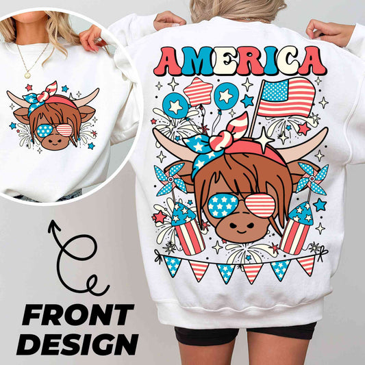 Western America Highland Cow Png, America Png, 4th of July Png, American Flag Png, Highland Cow Freedom Sublimation Design
