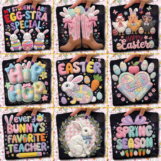 Easter Patchwork Bundle PNG, Bunny Teacher Quotes, Spring Farm Easter Designs, Cute Pastel Clipart Set
