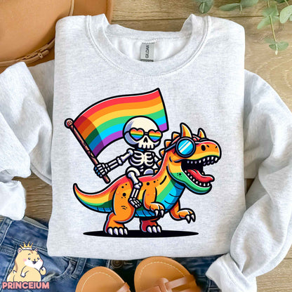 Skeleton Riding Dinosaur LGBTQ Png, Skeleton Pride Png, Dinosaur Pride Png, Rainbow Gay, Queer Pride, Dinosaur Pride Png, Sublimation Design
