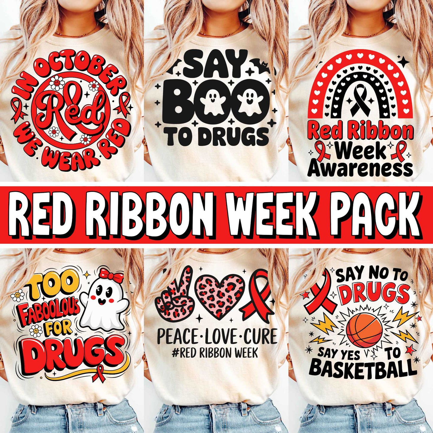 Red Ribbon Week Bundle Png, In October We Wear, Red Ribbon Week Png, Drug-Free, Anti-Drug Svg, Red ribbon Week, Sublimation Designs, Digital