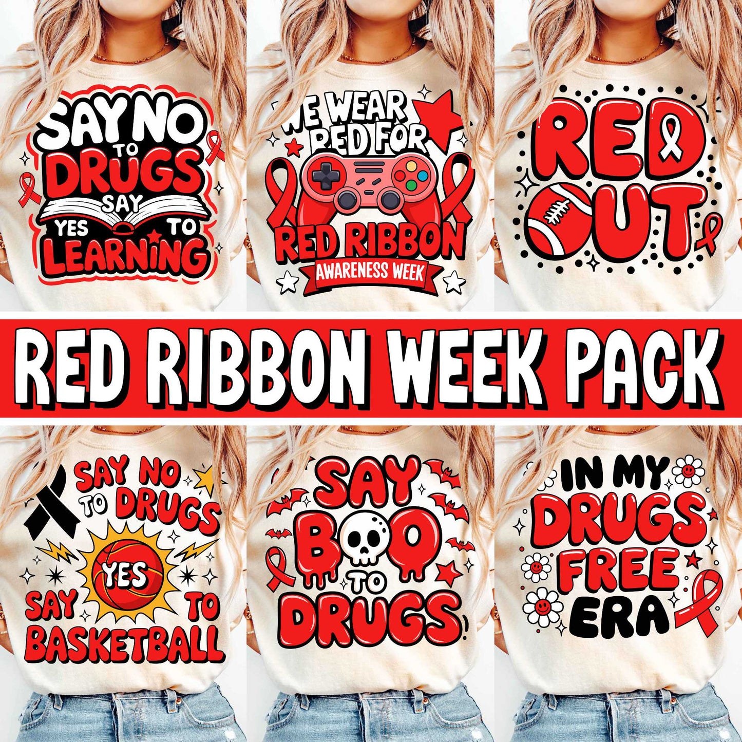 Red Ribbon Week Bundle Png, In October We Wear, Red Ribbon Week Png, Drug-Free, Anti-Drug Svg, Red ribbon Week, Sublimation Designs, Digital