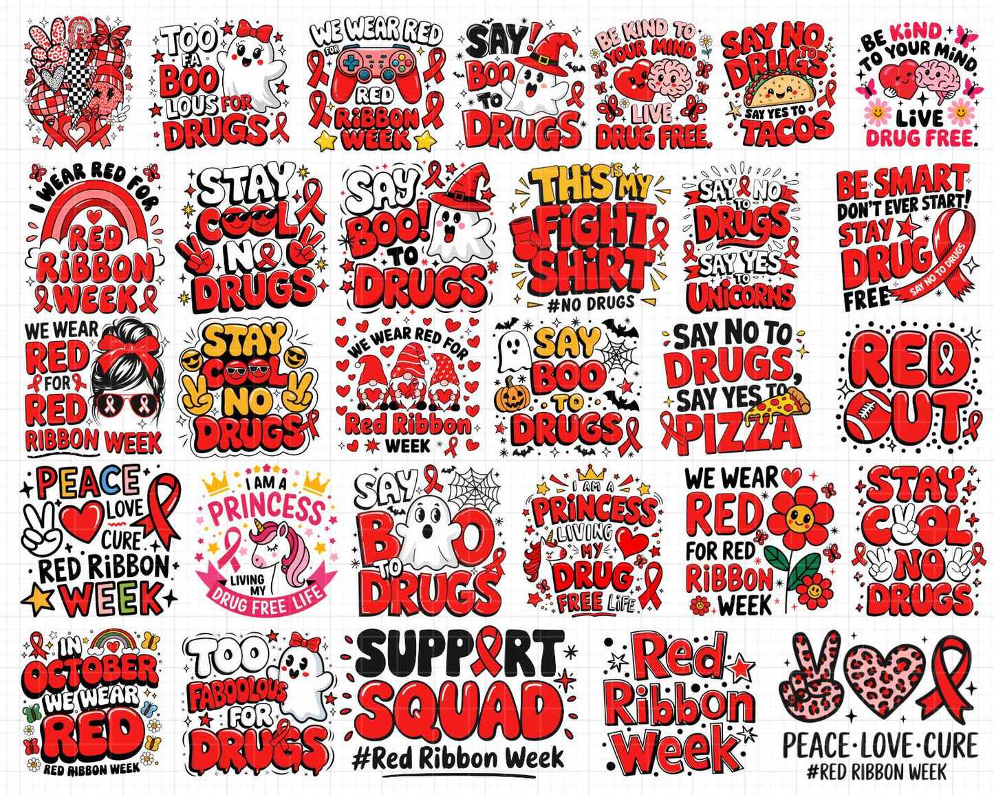 Red Ribbon Week Mega Bundle Png, In October We Wear, Red Ribbon Week Png, Drug-Free, Anti-Drug Svg, Red ribbon Week, Sublimation Designs, Digital