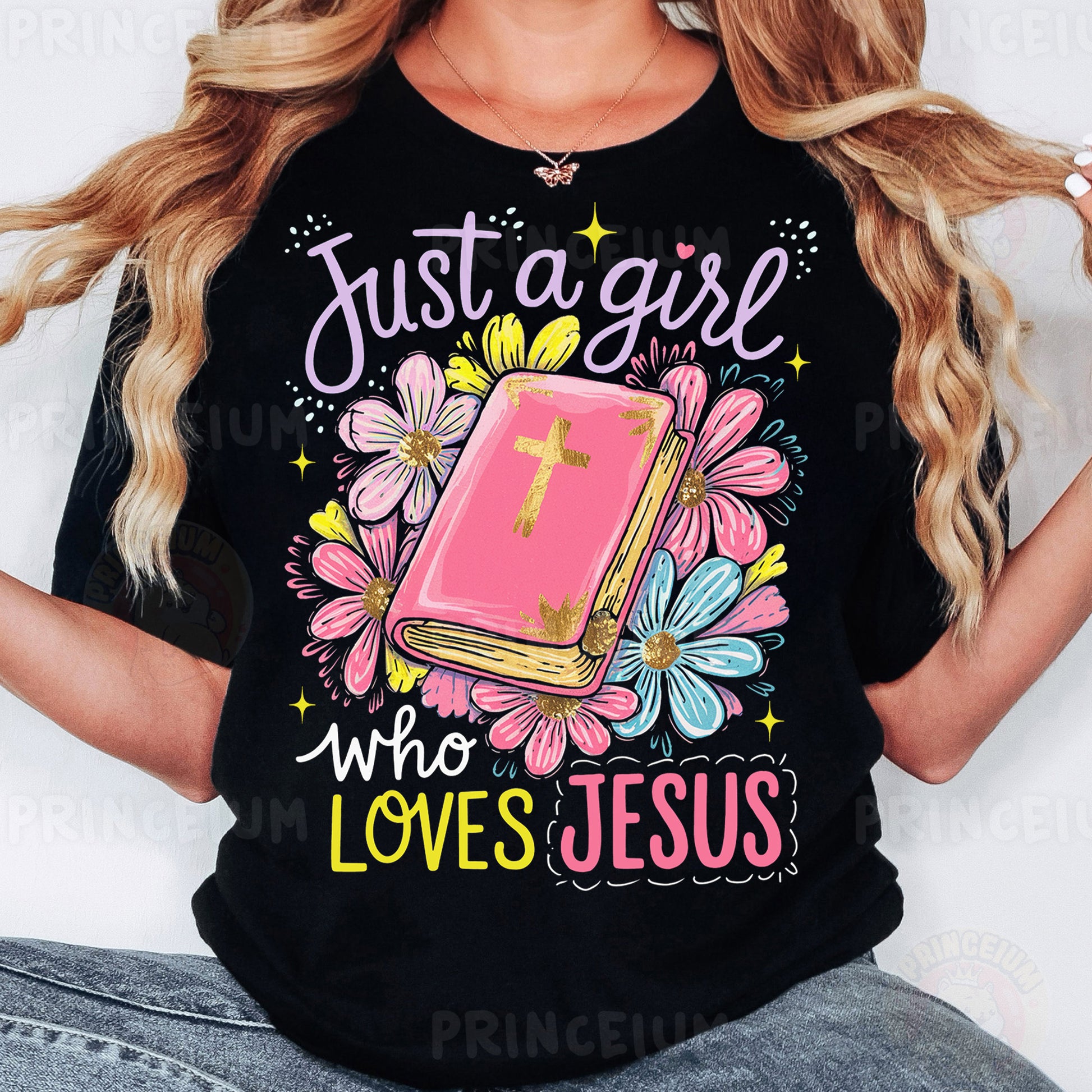 a woman wearing a t - shirt that says just a girl who loves jesus