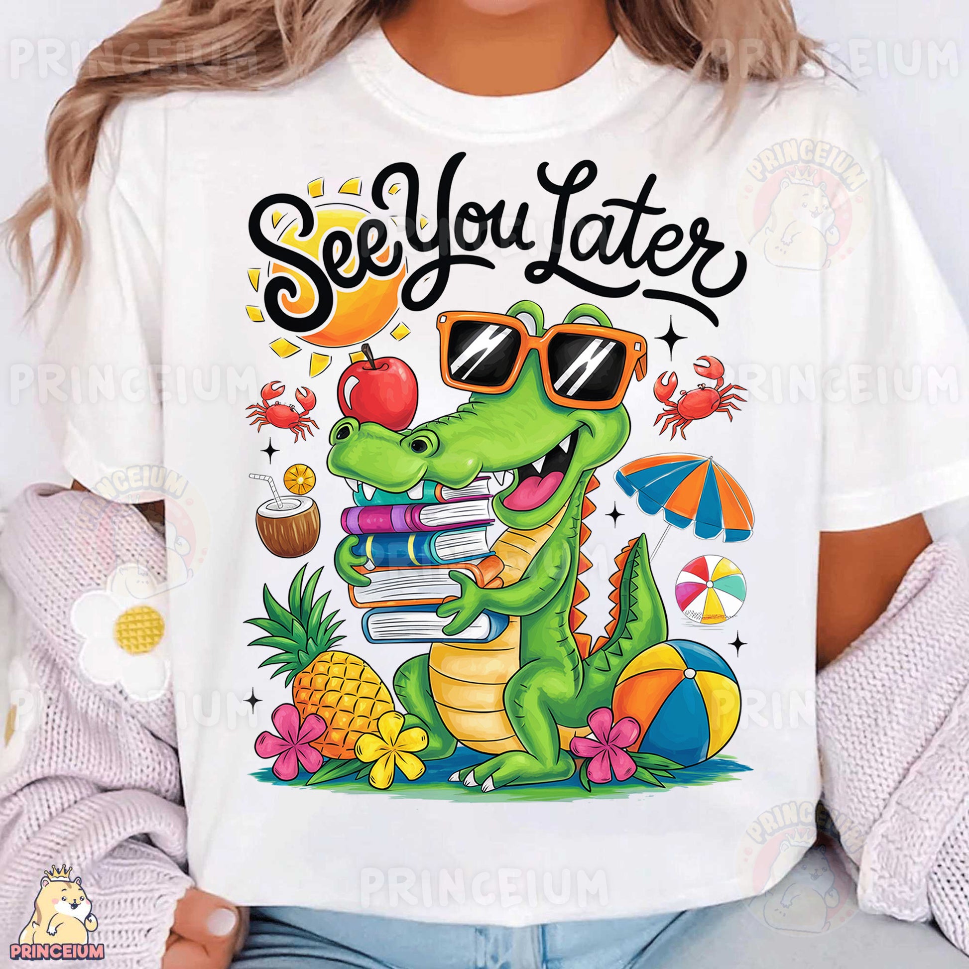 a woman wearing a white t - shirt that says see you later