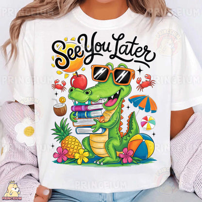 a woman wearing a white t - shirt that says see you later