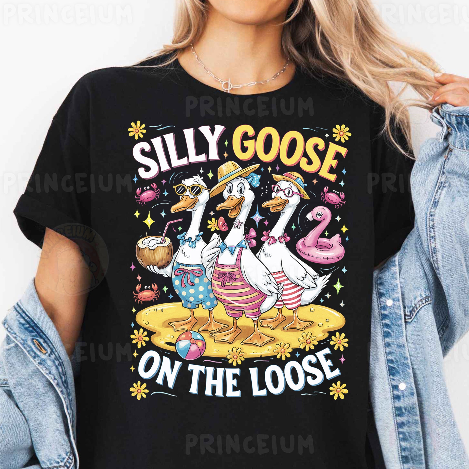 a woman wearing a t - shirt that says silly goose on the loose