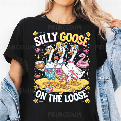 a woman wearing a t - shirt that says silly goose on the loose