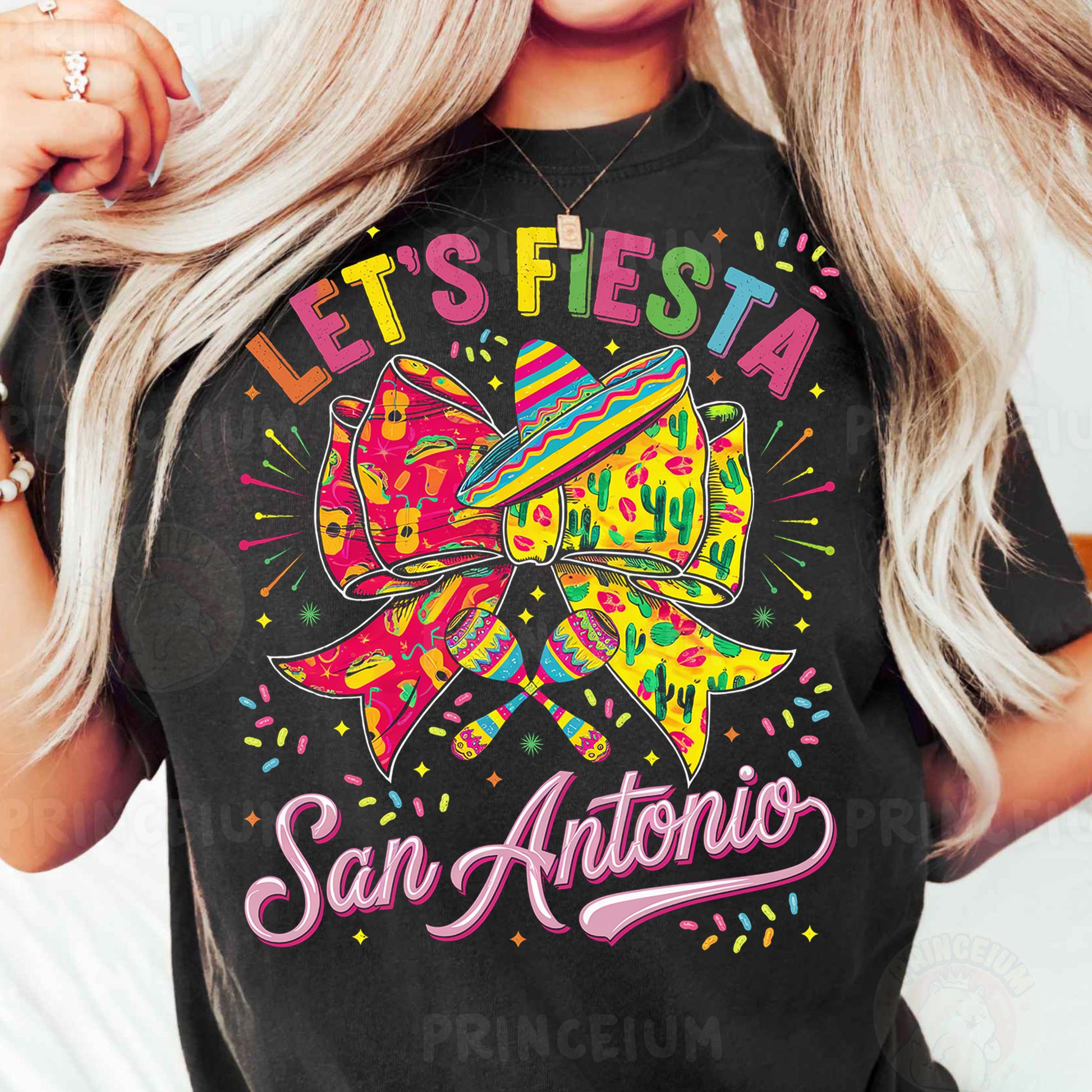 a woman wearing a black tshirt with a colorful bow