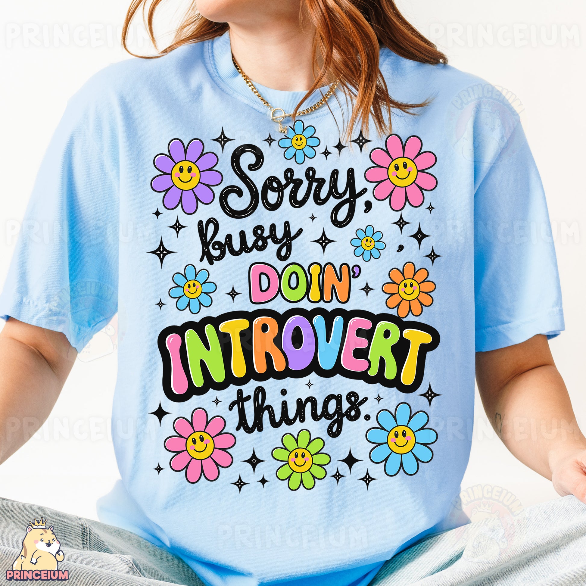 a woman wearing a t - shirt that says sorry, busy, don't