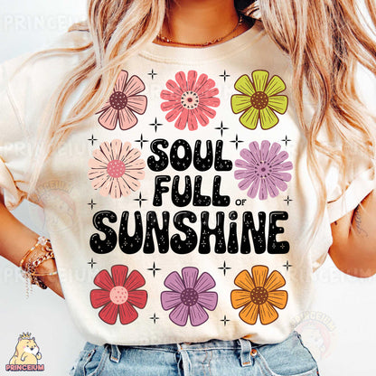 a woman wearing a t - shirt that says soul full of sunshine