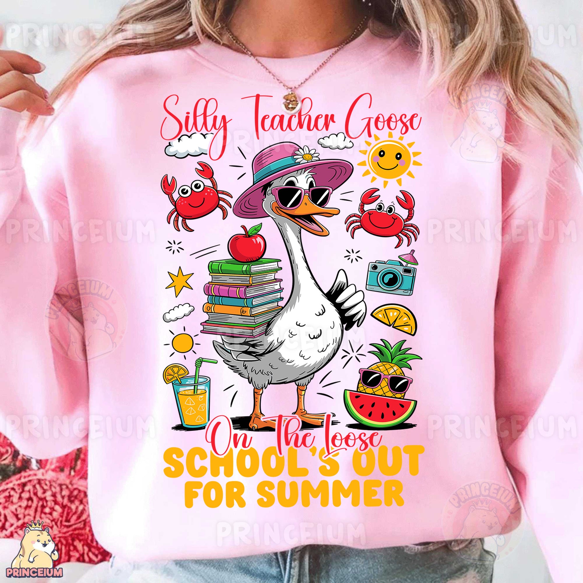 a woman wearing a pink sweatshirt with a picture of a goose and books