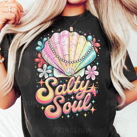 a woman wearing a t - shirt that says salty soul