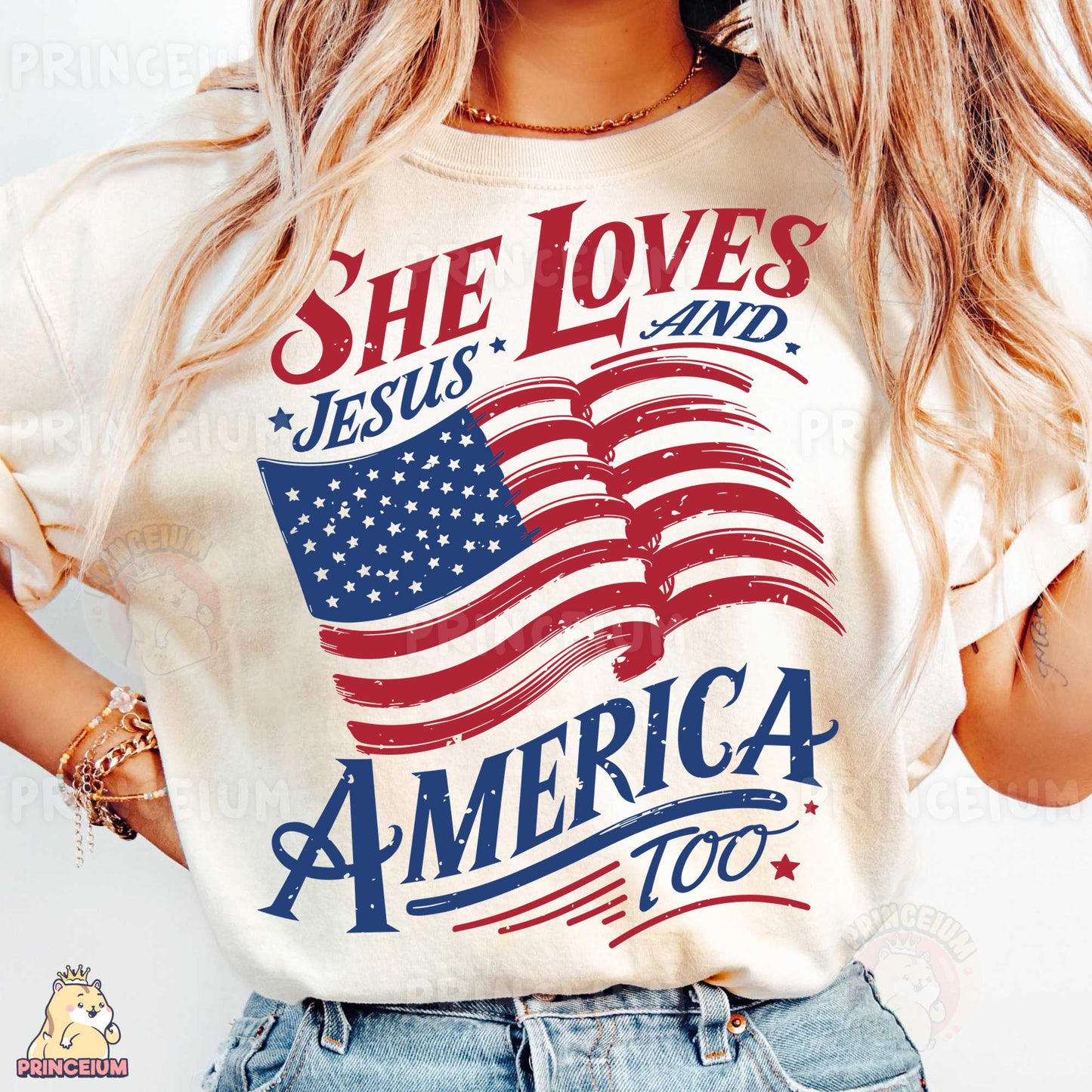 a woman wearing a t - shirt that says she loves jesus and america too