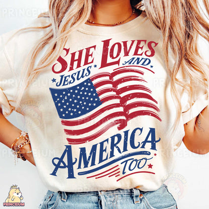 a woman wearing a t - shirt that says she loves jesus and america too