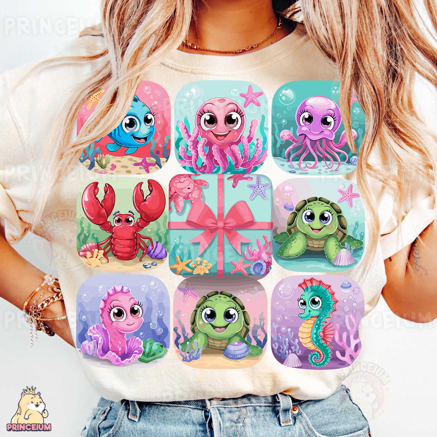 a woman wearing a t - shirt with a picture of sea animals on it