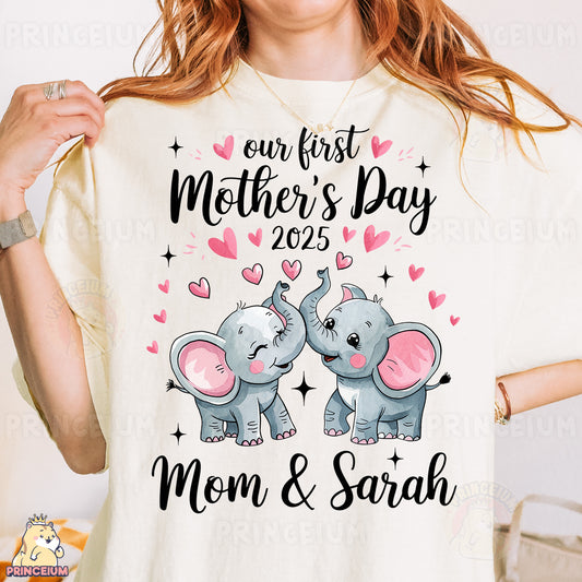 a woman wearing a t - shirt that says our first mother's day with