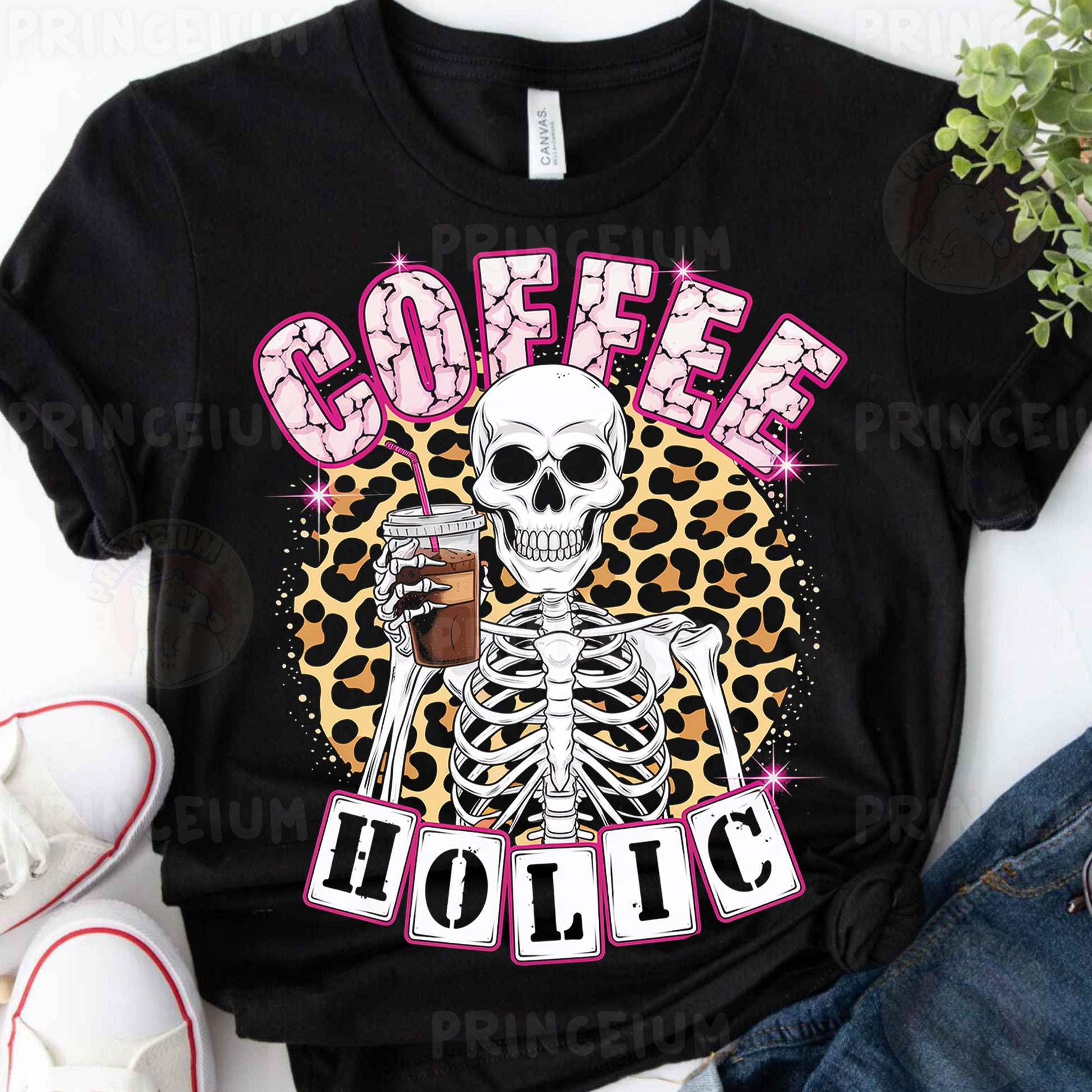 a t - shirt with a skeleton holding a cup of coffee