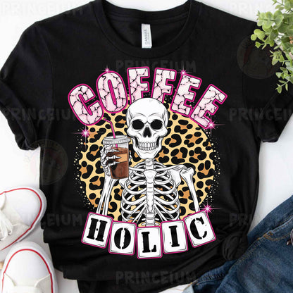 a t - shirt with a skeleton holding a cup of coffee