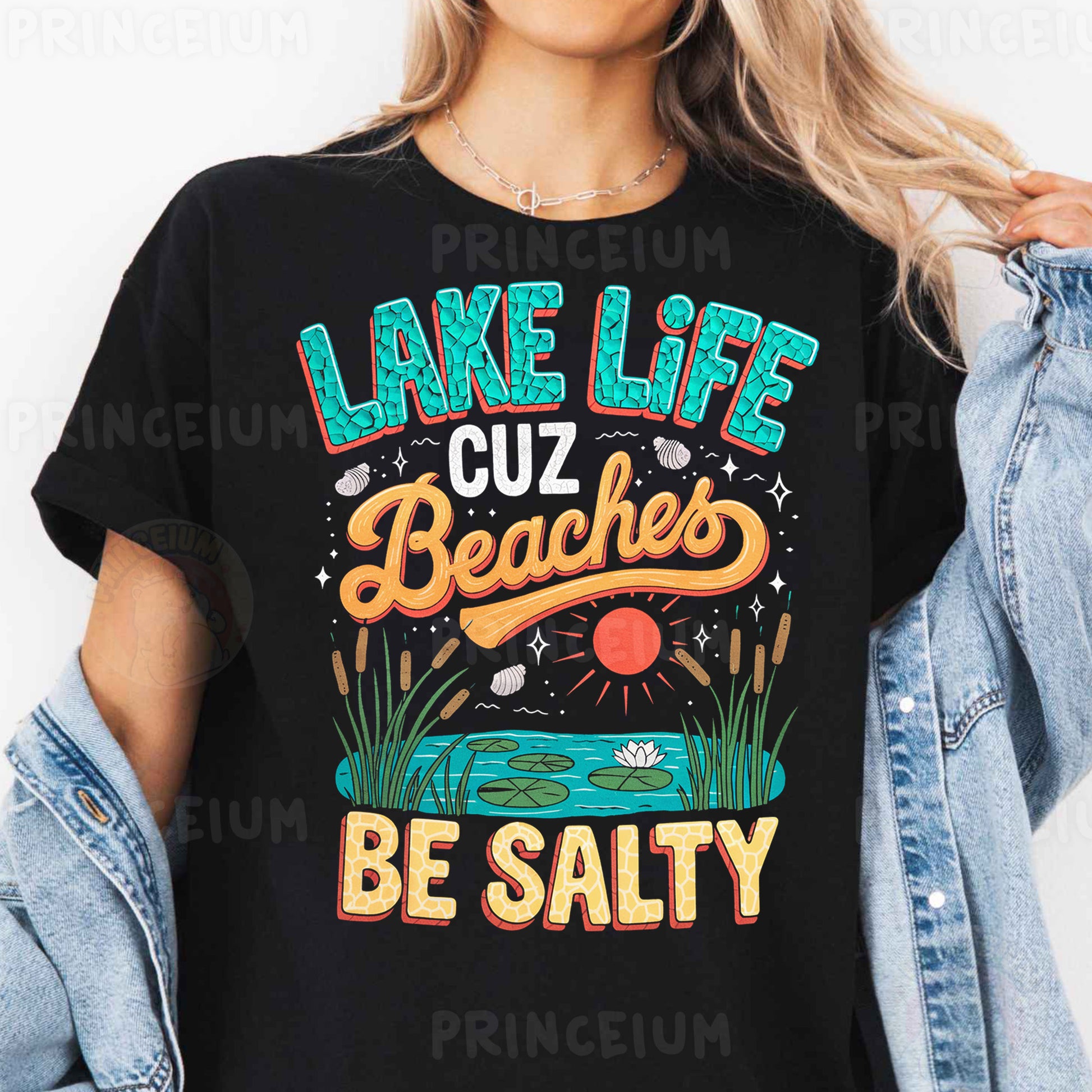 a woman wearing a lake life t - shirt