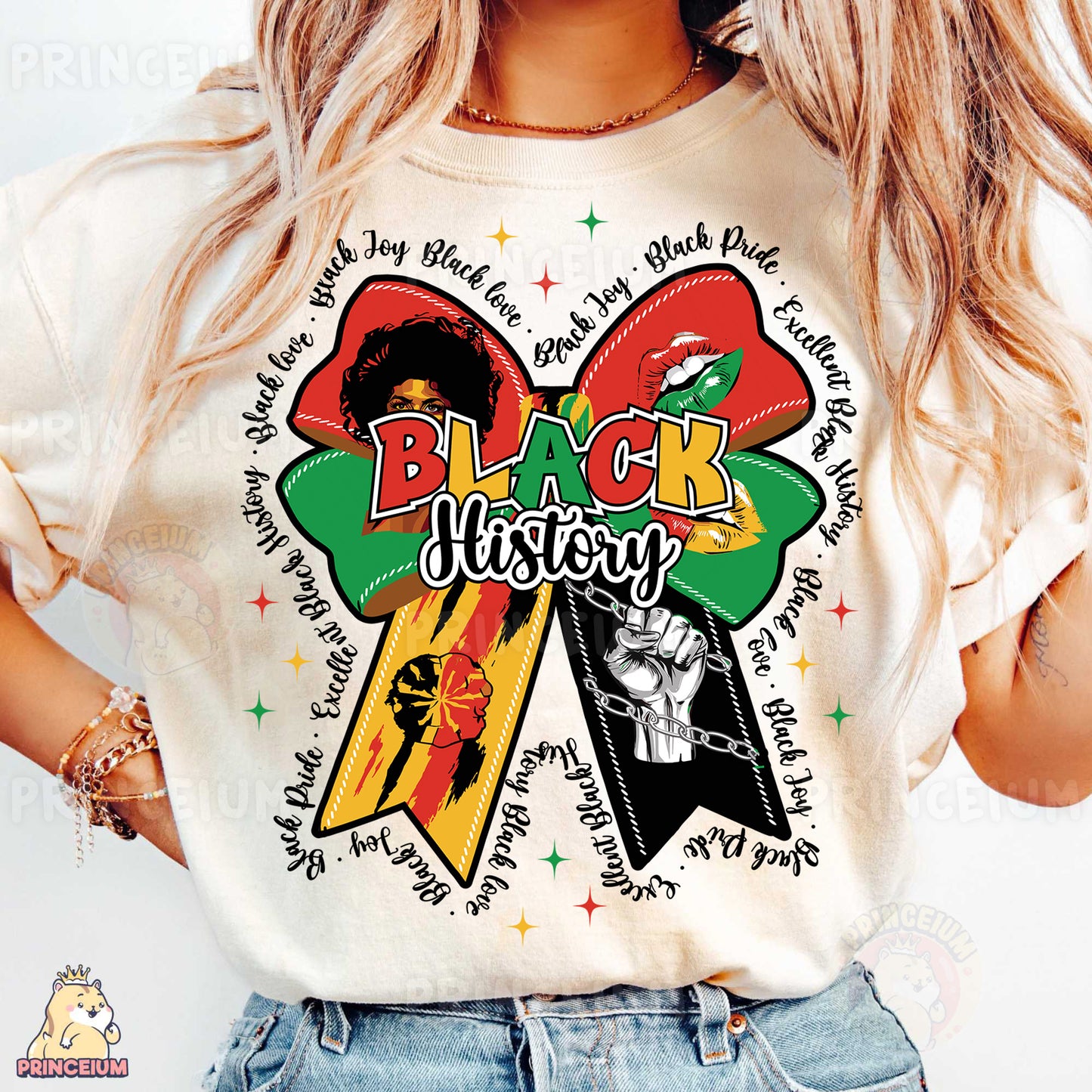 a woman wearing a black history t - shirt